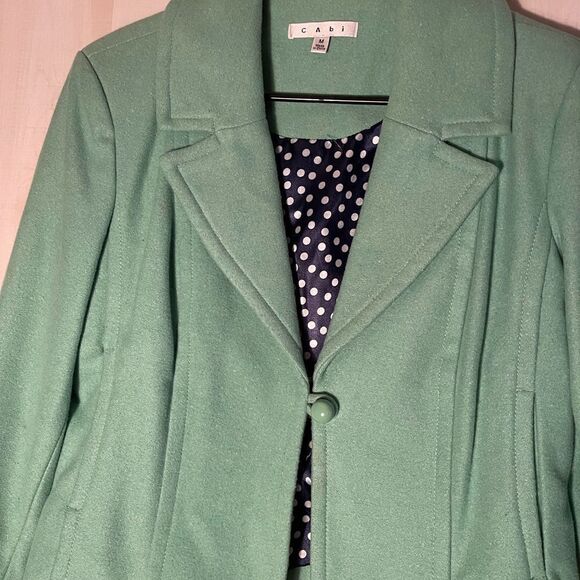 CABi green wool‎ jacket blazer with navy polka dot lining, size medium - Picture 7 of 15